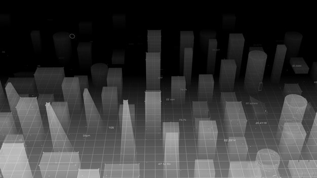 Rendu 3D ville numérique technologique abstraite à partir de données dans le cyberespace, stockage d'informations dans l'espace d'information