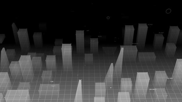 Rendu 3D ville numérique technologique abstraite à partir de données dans le cyberespace, stockage d'informations dans l'espace d'information