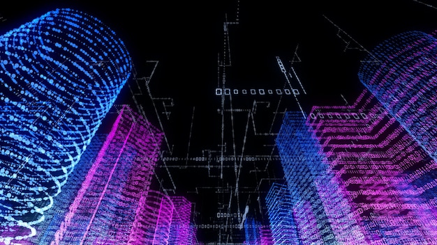 Rendu 3D d'une ville virtuelle abstraite à l'intérieur d'un système informatique Hologram 3D Big Data Digital City