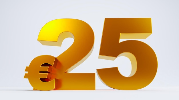 Rendu 3D de vingt-cinq euros dorés isolés sur fond blanc