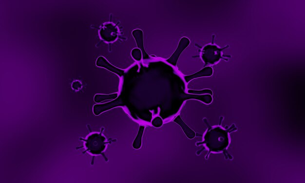 rendu 3D. Virus à pointes microscopiques pourpres Covid-19. Pandémie mondiale.