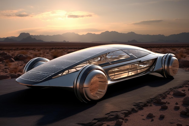 Rendu 3D d'une voiture générique sans marque dans le futur désertique des transports généré par l'IA