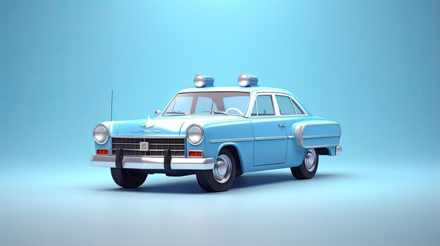 Photo un rendu 3d d'une voiture de police classique des années 1950 la voiture est bleue et blanche avec une sirène sur le toit la voiture est assise sur un fond bleu