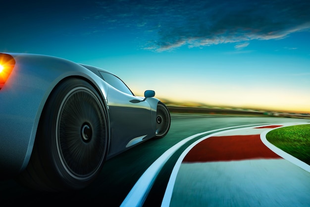 Rendu 3D d'une voiture de sport grise sans marque avec flou de mouvement Fond de piste de course Scène de coucher de soleil