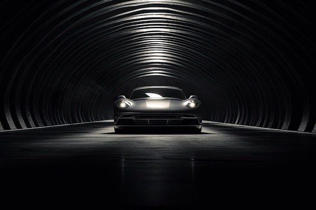 Rendu 3D d'une voiture de sport vintage dans un tunnel la nuit Une image fascinante d'une voiture dans un tunnel souterrain généré par l'IA