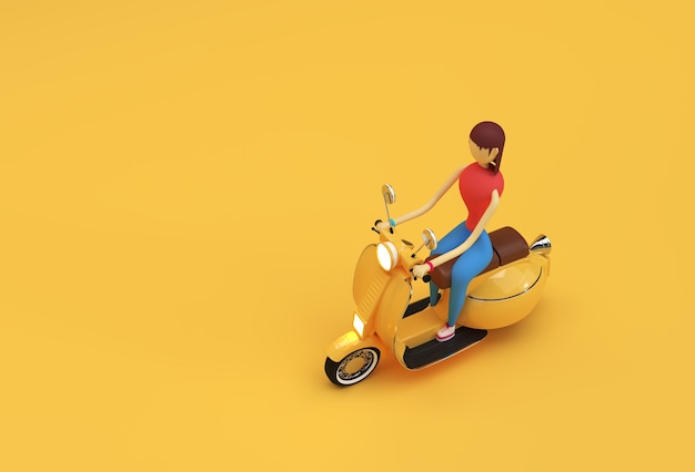 Rendu 3D Woman Riding Motor Scooter Vue latérale sur un fond jaune.