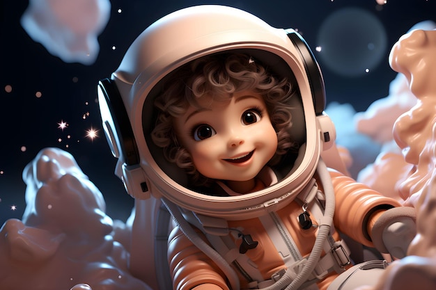 Rendu d'argile mignon petit bébé astronaute volant dans l'espace