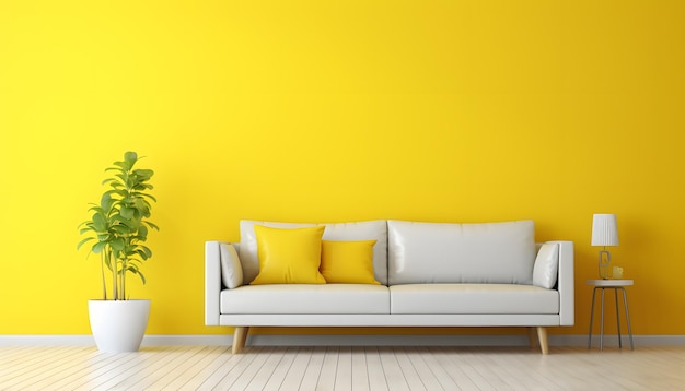 un rendu d'un canapé blanc avec des oreillers jaunes dans une pièce jaune vif IA générative