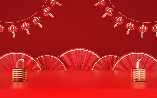 Rendu cinéma 4d d'une plate-forme de fond rouge avec des décorations de style chinois