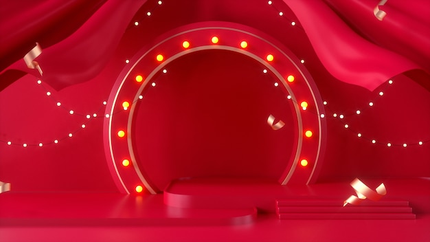 Rendu cinéma 4D d'une plate-forme de fond rouge avec des décorations de style chinois