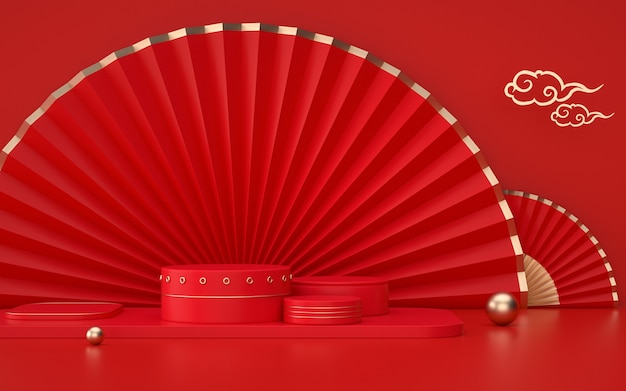 Rendu cinéma 4D d'une plate-forme de fond rouge avec des décorations de style chinois