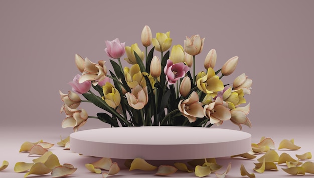 Photo d rendu des couleurs roses et jaunes de fond de fleur de tulipe avec un podium de forme géométrique pour le produit...