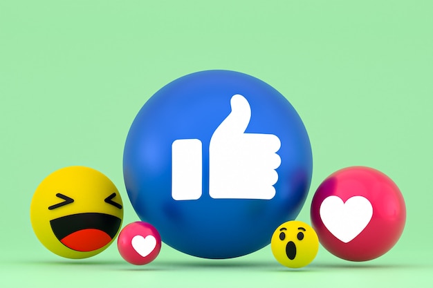 Rendu d'emoji de réactions Facebook, symbole de ballon de médias sociaux avec motif d'icônes facebook