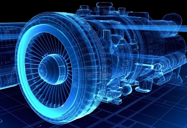 Photo rendu filaire de turboréacteur sur fond noir concept de jumeaux numériques image de rendu 3d ai générative