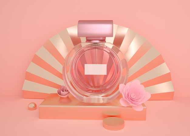 d Rendu d'un flacon de parfum transparent avec fond de forme géométrique pour maquette d'affichage