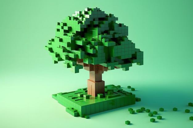 Rendu d'illustration 3d d'arbre cubique avec des feuilles vertes et un arrière-plan Generative Ai Voxel chêne de style 3D