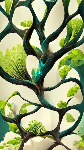 Rendu d'illustration 3D d'un arbre cubique avec des feuilles vertes Illustration 3D