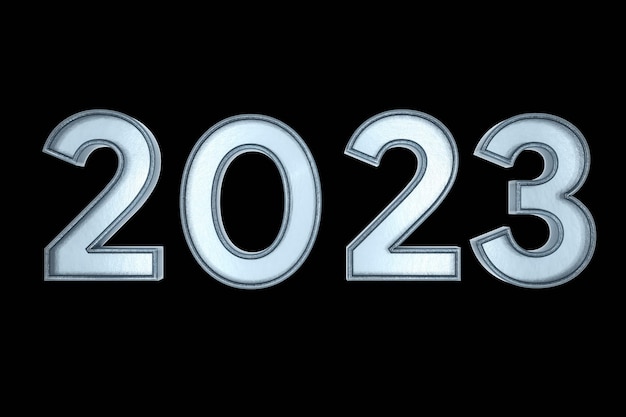 rendu d'illustration 3d de couleur bleue du texte 2023. Texte numéro 2023 3d avec fond noir isolé