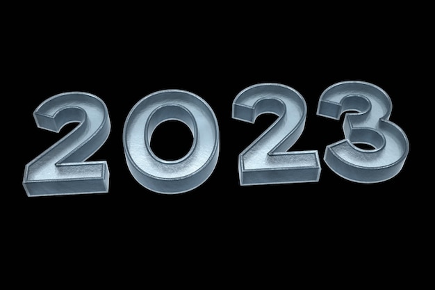 Photo rendu d'illustration 3d de couleur bleue du texte 2023. texte numéro 2023 3d avec fond noir isolé