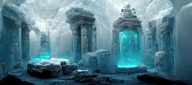 Photo rendu d'illustration 3d du grand temple de glace sacré avec chapelle voûtée hémisphérique avec salle souterraine et autel