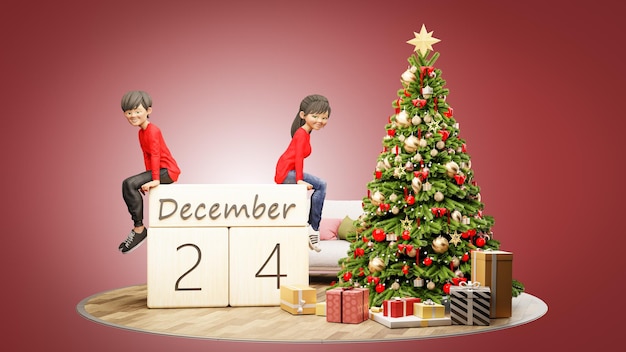 Rendu d'illustration 3D Personnage de dessin animé jeune couple célébrant Noël et bonne année