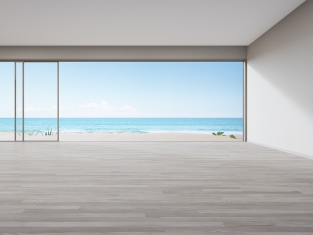 Rendu intérieur de la maison avec vue sur la plage et la mer