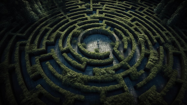 Rendu d'un labyrinthe au milieu d'une forêt verte IA générative