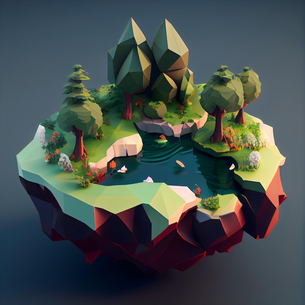 Rendu low poly d'un paysage avec une ai générative de montagnes et de mer