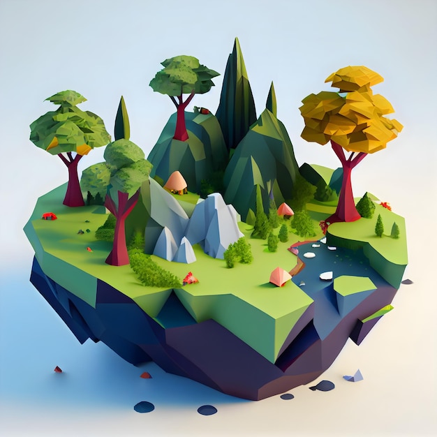 Rendu low poly d'un paysage avec une ai générative de montagnes