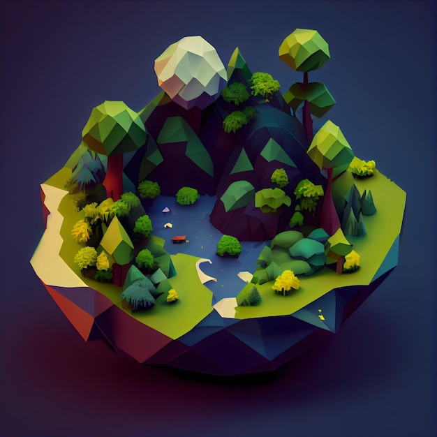 Rendu low poly d'un paysage avec un concept de jeu de montagnes et de lac paysage ai génératif