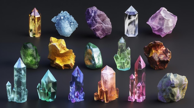 Le rendu montre une collection de cristaux colorés Clipart de pépites de quartz isolées sur un fond noir