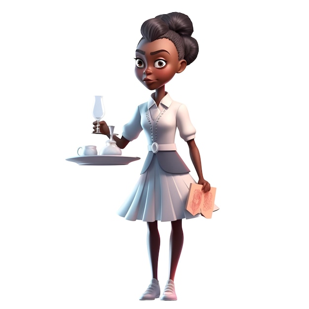 Rendu numérique 3D d'une jolie serveuse afro-américaine avec un plateau