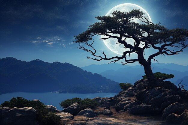 d rendu d'un paysage au clair de lune avec un vieil arbre sinueux