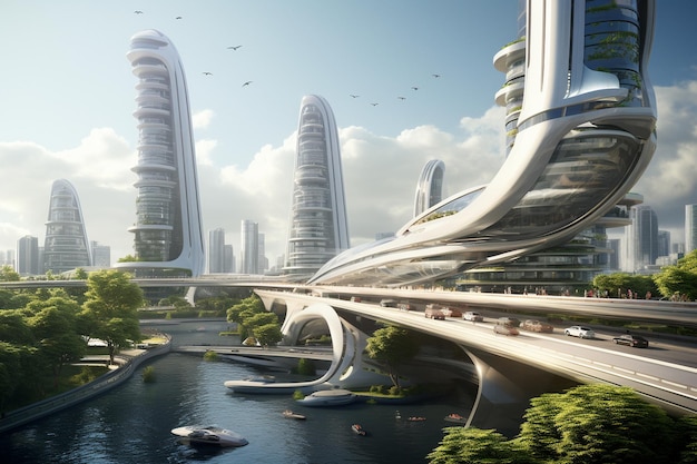 un rendu d'un paysage urbain futuriste.