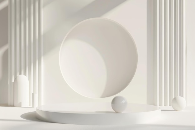 D rendu d'un podium circulaire minimaliste entouré de formes géométriques flottantes blanc doux