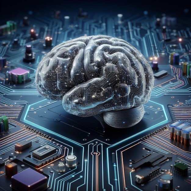 Photo un rendu réaliste d'un cerveau humain sur un circuit imprimé, symbole de l'intelligence artificielle
