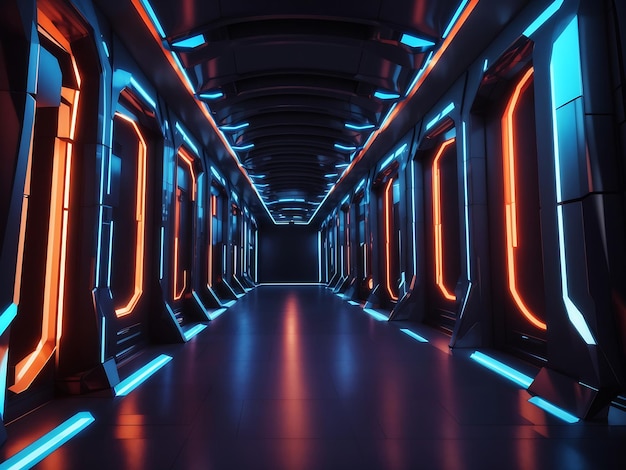 Rendu tridimensionnel d'un couloir futuriste sombre éclairé par des néons bleus et orange