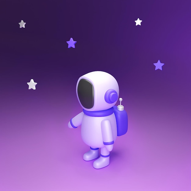Rener 3d Astronaute Cosmonaute Spaceman Dans L'espace Parmi Les étoiles Sur Un Fond Violet Foncé Fantaisie