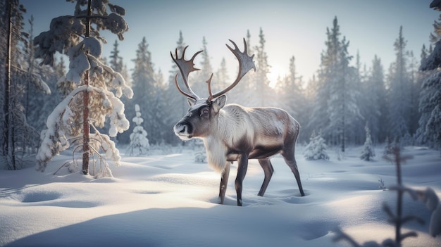 Un renne dans la neige en hiver