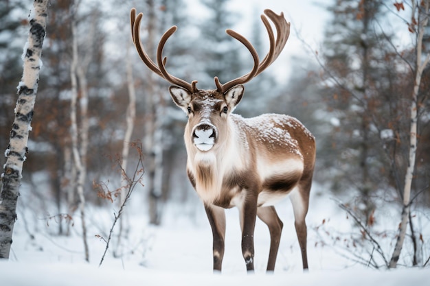 un renne debout dans la neige dans une forêt