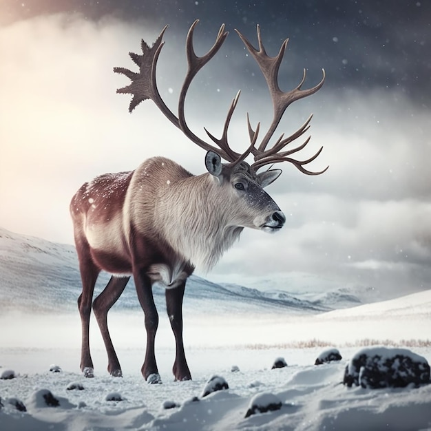 Renne avec de gros bois gros plan sur le fond de la nature et de la neige