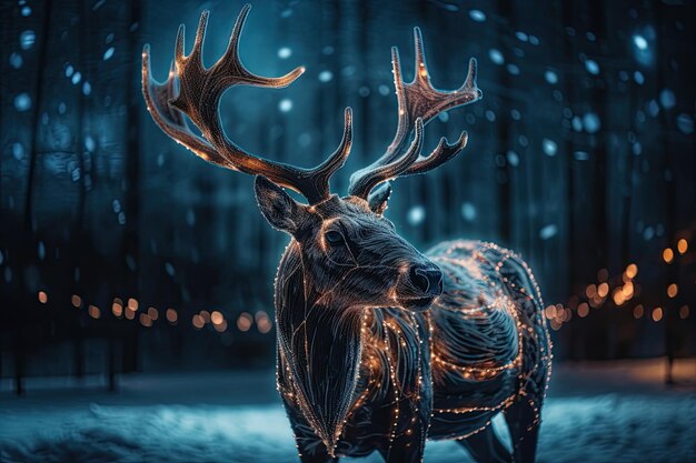 Des rennes avec des lumières de Noël dans la forêt la nuit