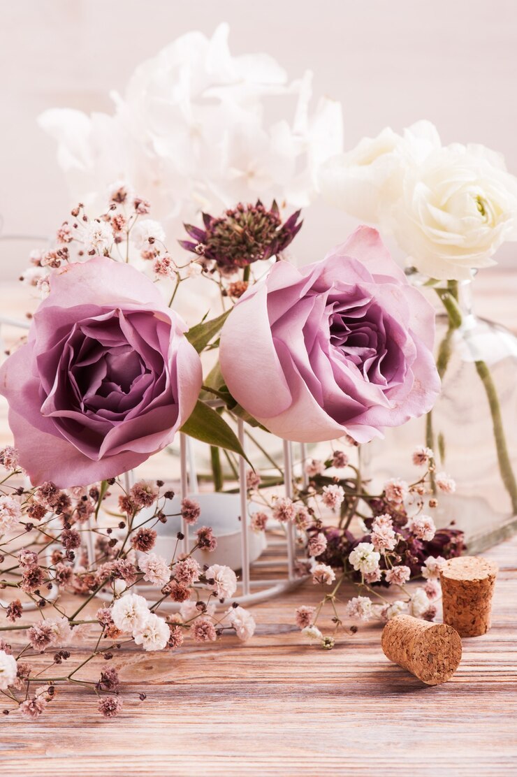 Renoncule blanche et fleurs d'hortensia