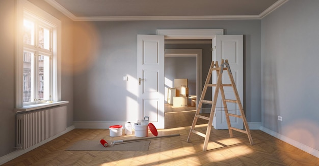 Rénovation et modernisation dans une chambre avec échelle et seau de peinture