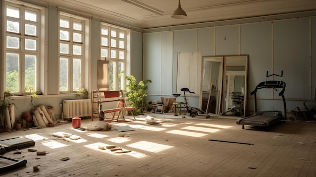 Rénovation nécessaire salle d'exercice de l'Académie de ballet avec de vieux meubles et des vitres cassées