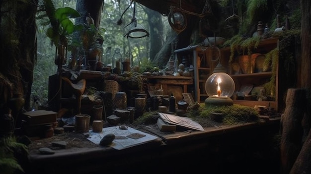 Le repaire de la sorcière dans le chaudron de potion de la forêt bouillonnant de cristaux de grimoires et d'artefacts magiques