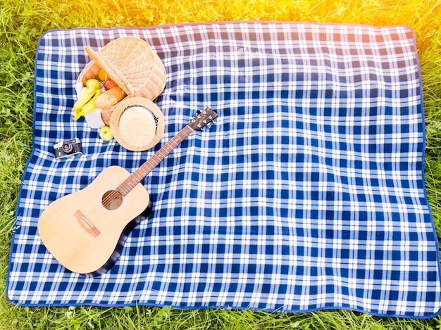 Répandre carreaux à carreaux avec panier pique-nique et guitare sur Prairie