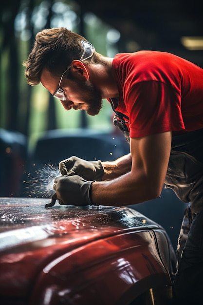 Un réparateur automobile moderne broyant le capot de la carrosserie