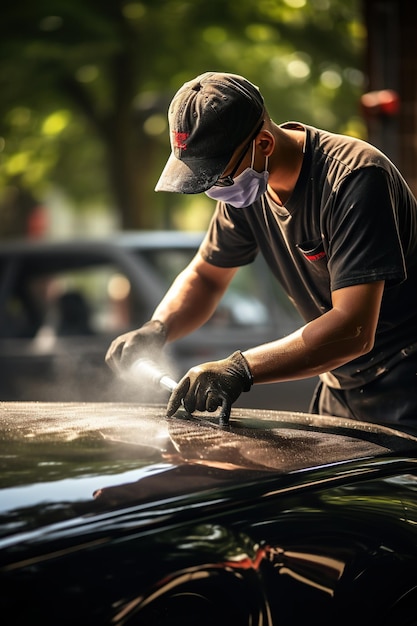 Un réparateur automobile moderne broyant le capot de la carrosserie