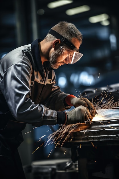 Un réparateur automobile moderne broyant le capot de la carrosserie